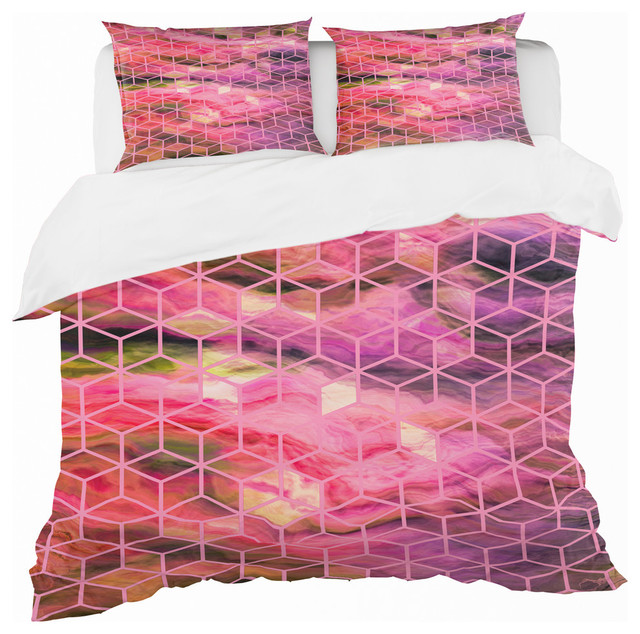 Pink Cubes Structure of Marbled Modern Duvet Cover Set, Twin