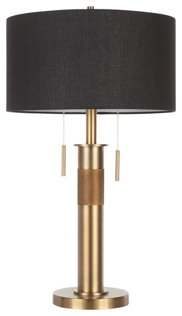 Trophy Industrial Table Lamp, Antique Brass With Black Linen Shade by LumiSource