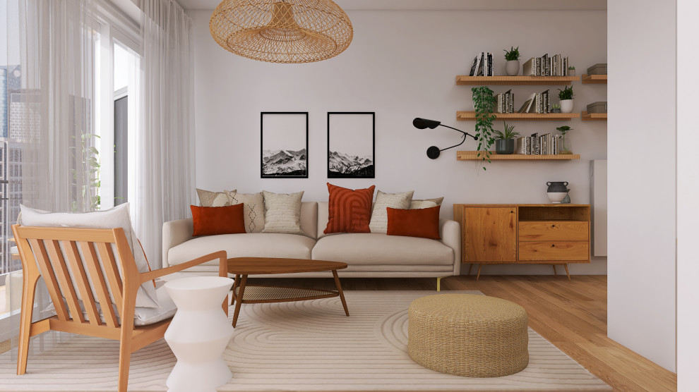 На фото: маленькая изолированная гостиная комната в скандинавском стиле с белыми стенами, светлым паркетным полом, коричневым полом и кессонным потолком без камина, телевизора для на участке и в саду