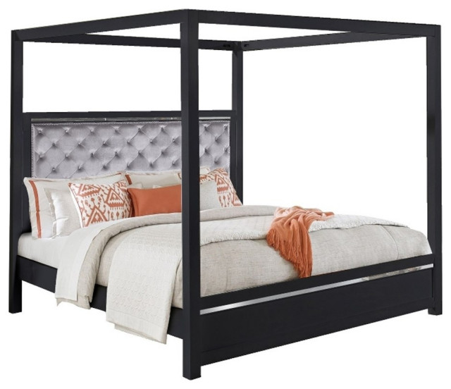 Abrie Solid Wood Canopy Queen Bed Button Tufted Touch LED Dark Gray