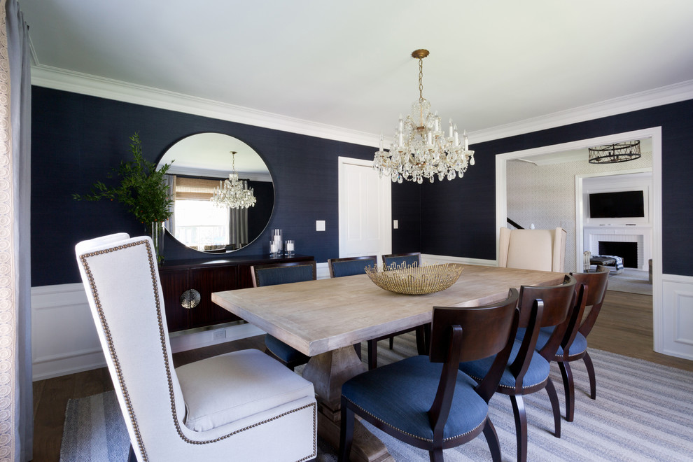 Design ideas for a large transitional open plan dining in Orange County with blue walls, light hardwood floors and no fireplace.