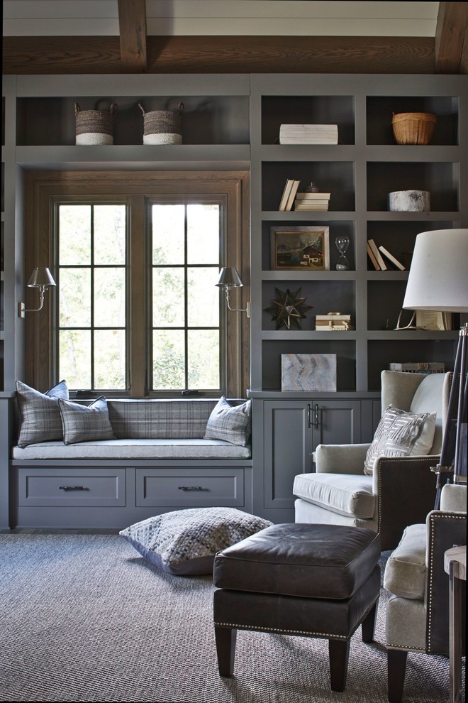Inspiration for a large transitional study room in Atlanta with grey walls, medium hardwood floors, no fireplace and a freestanding desk.