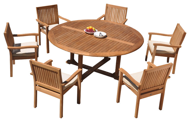7 Piece Outdoor Teak Dining Set 72 Round Table 6 Wave Stacking Arm Chairs Transitional Outdoor Dining Sets By Teak Deals