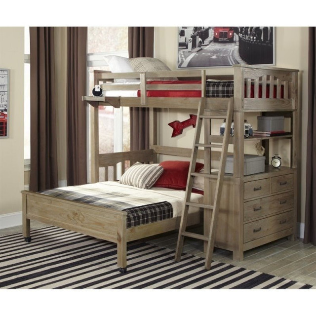 NE Kids Highlands Wood Twin Loft Bed with Full Lower Bed in Driftwood