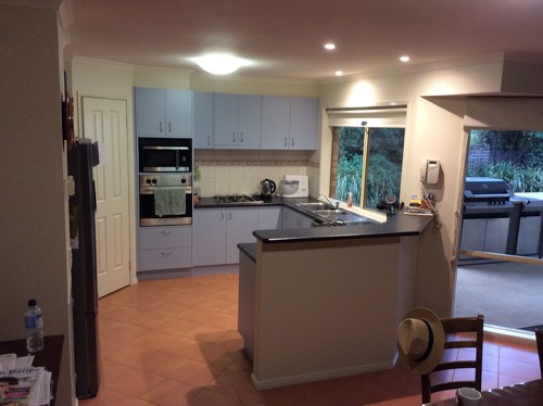 Kitchen Cosmetic Update Also There Is Some Contention On Keeping The High Back Bench Keep It Hides Messy Kitchen From Seated Guests Or Extend Wider And Accommodate