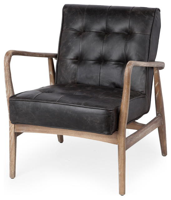 Phineas Black Genuine Leather w/ Medium Brown Solid Wood Frame Accent Chair