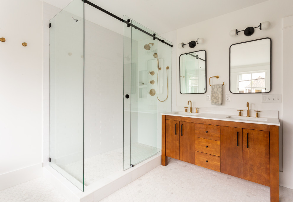 Mid-sized country master mosaic tile floor, gray floor and double-sink bathroom photo in Portland with shaker cabinets, medium tone wood cabinets, a two-piece toilet, yellow walls, an integrated sink, quartzite countertops, white countertops and a freestanding vanity