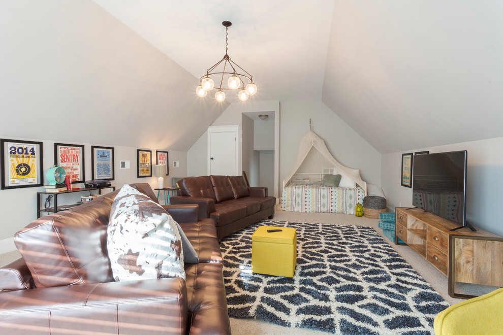 Photo of a large eclectic loft-style family room in Nashville with beige walls, carpet and a freestanding tv.