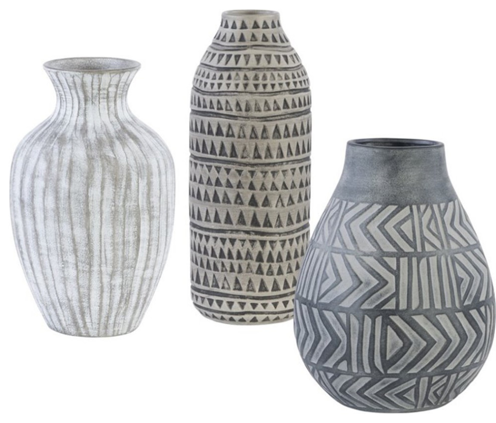 Uttermost Natchez Earthenware Geometric Vase in Light Gray (Set of 3)