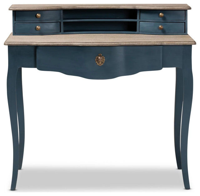 French Country Desk, Oak Finished Top With Low Storage Hutch