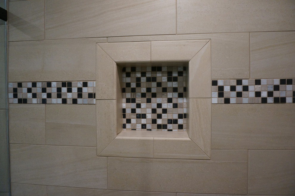 Mid-sized transitional master beige tile and porcelain tile porcelain tile drop-in bathtub photo in Austin with shaker cabinets, dark wood cabinets, quartzite countertops, an undermount sink, a two-piece toilet and green walls
