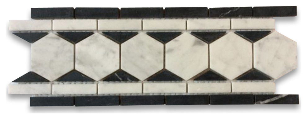 Carrara White Marble 2 Hexagon Listello Mosaic Border Tile Black Honed, 1 sheet