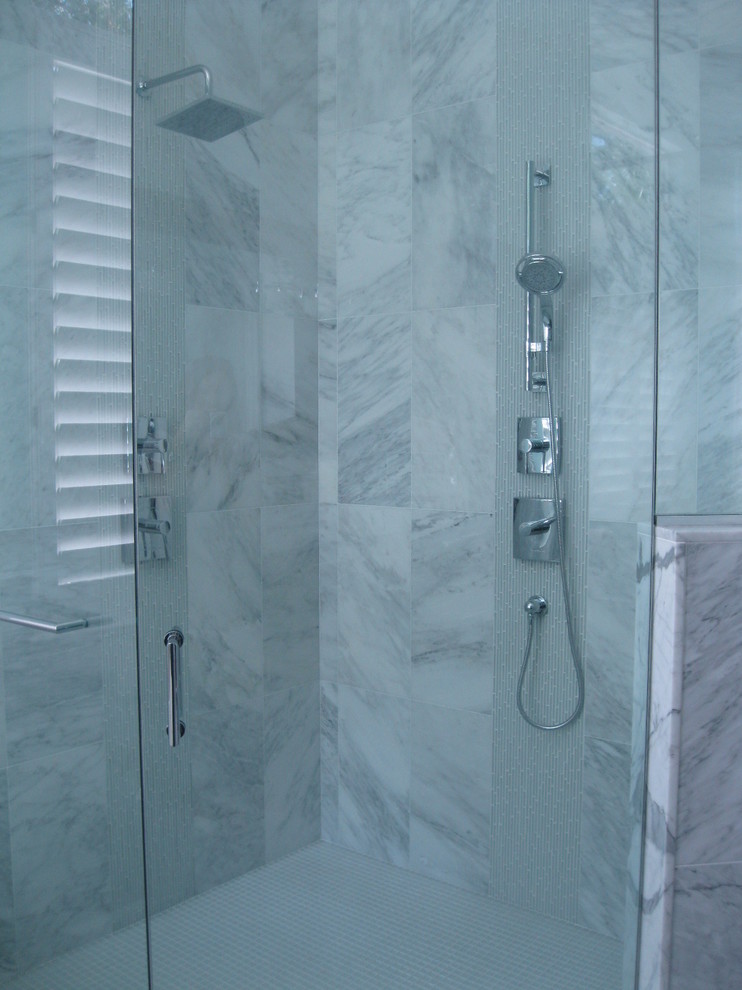 Inspiration for a contemporary bathroom in Miami with marble benchtops, gray tile, stone tile, a double shower, blue walls and mosaic tile floors.