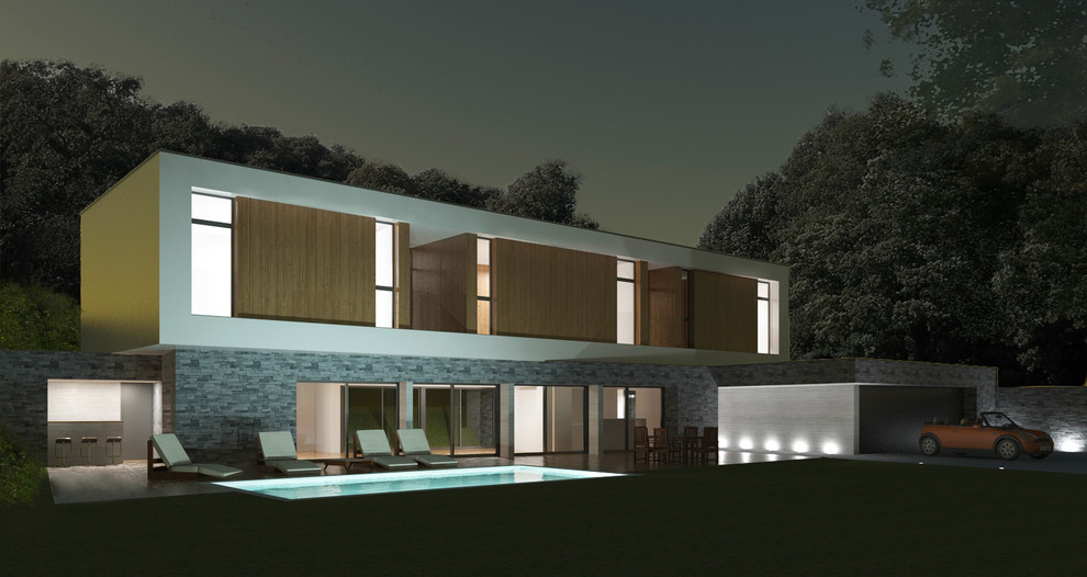 Idées déco pour une grande façade de maison grise moderne en pierre à un étage.