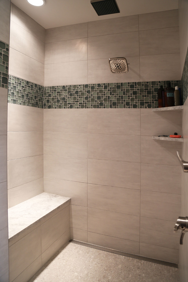 Inspiration for a mid-sized transitional master white tile and porcelain tile porcelain tile freestanding bathtub remodel with recessed-panel cabinets, gray cabinets, a two-piece toilet, white walls, an undermount sink and granite countertops