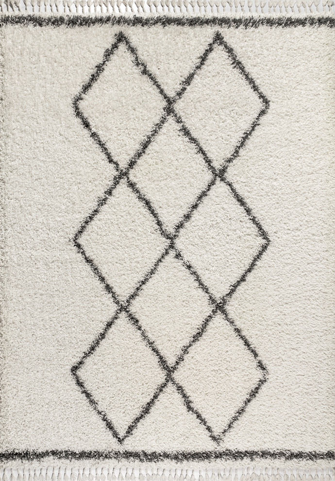 Mercer Shag Plush Tassel Moroccan Tribal Geometric Trellis Area Rug, Cream/Grey