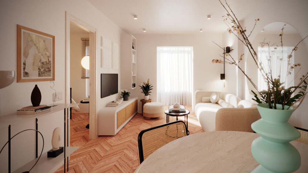 Свежая идея для дизайна: маленькая открытая гостиная комната в белых тонах с отделкой деревом в скандинавском стиле с белыми стенами, паркетным полом среднего тона, телевизором на стене и коричневым полом для на участке и в саду - отличное фото интерьера