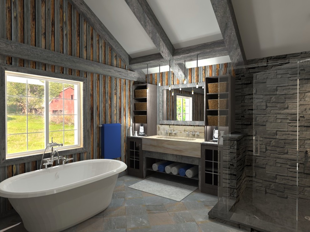 This is an example of a mid-sized country master bathroom in Toronto with a trough sink, glass-front cabinets, marble benchtops, a freestanding tub, a corner shower and slate floors.