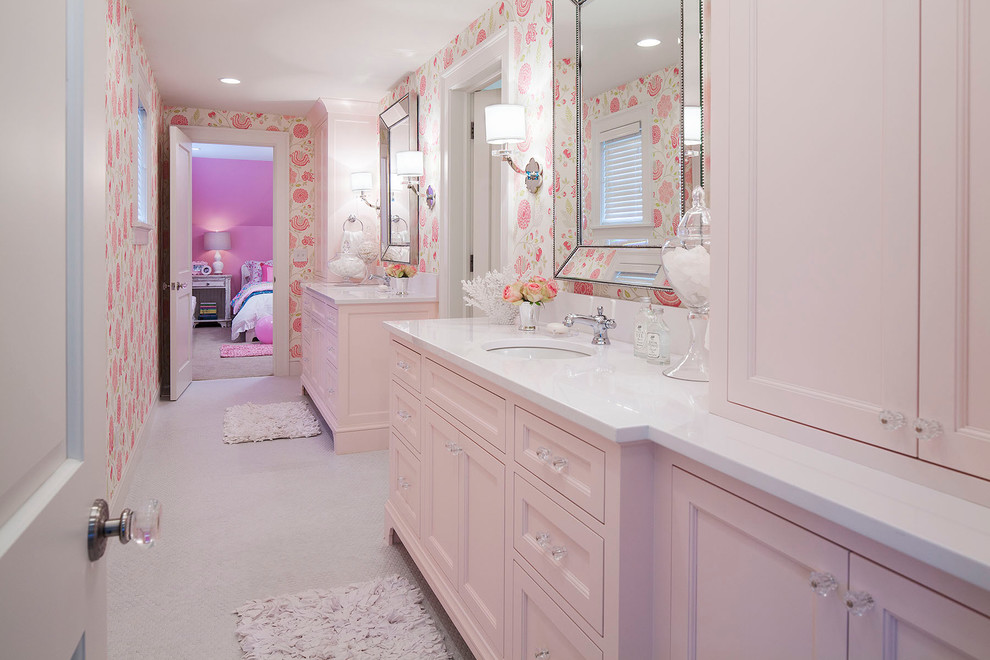 Transitional bathroom in Minneapolis with pink walls.