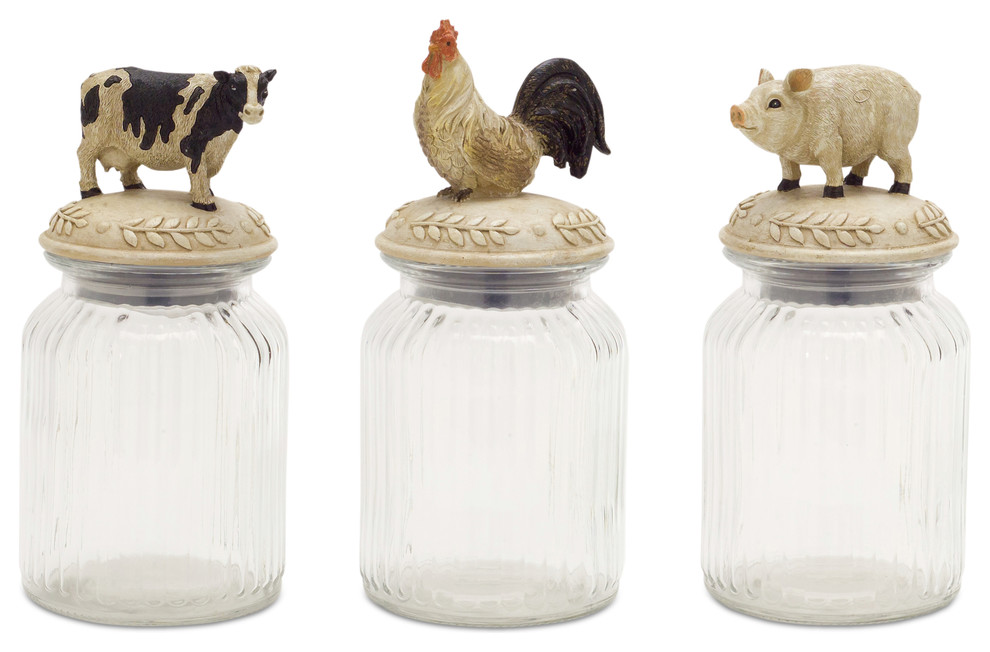 Farm Animal Jar 9.5"H Glass/Resin, Set of 3 Farmhouse Kitchen