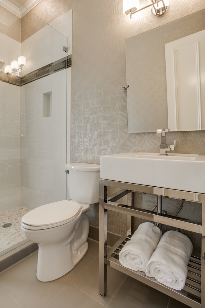 Photo of a small transitional 3/4 bathroom in Dallas with an integrated sink, a corner shower, ceramic tile and ceramic floors.