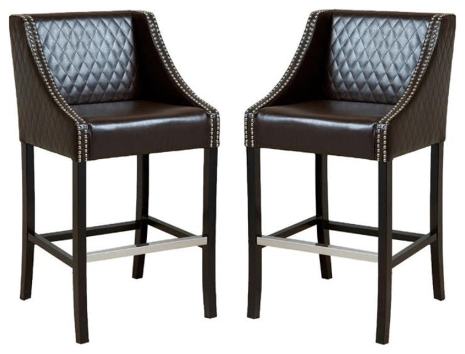 Home Square 26" Quilted Leather Bar Stool in Brown Set of 2 Transitional Bar Stools And