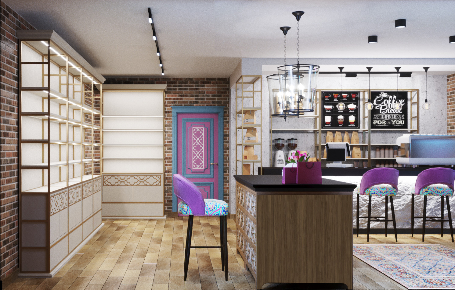 Дизайн интерьера магазина парфюмерии с зоной кафе в аутентичном стиле.