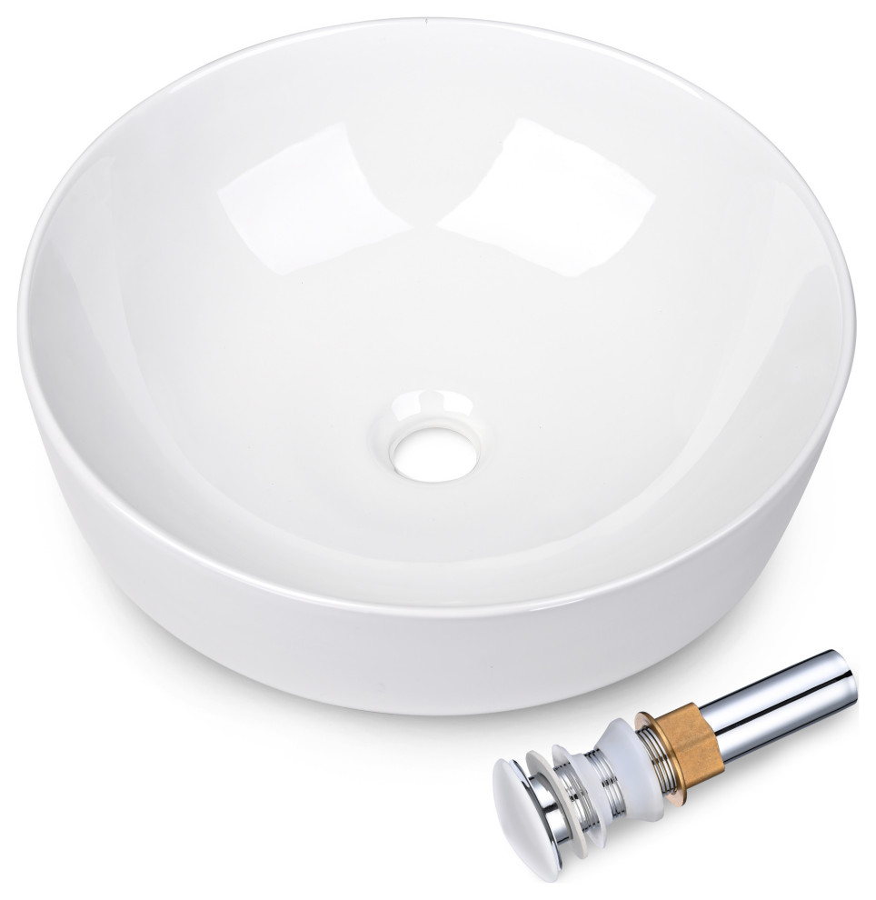 16" Round Porcelain Ceramic Bathroom Countertop Vessel Sink w/Pop up