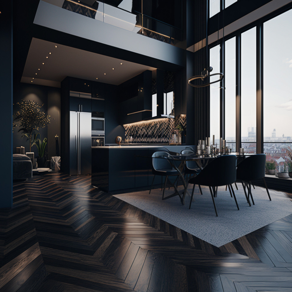 Идея дизайна: большая парадная, открытая гостиная комната в стиле модернизм с черными стенами, темным паркетным полом, коричневым полом и многоуровневым потолком