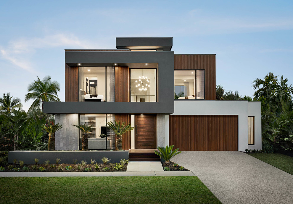 Design ideas for a contemporary two-storey multi-coloured house exterior in Brisbane with mixed siding and a flat roof.