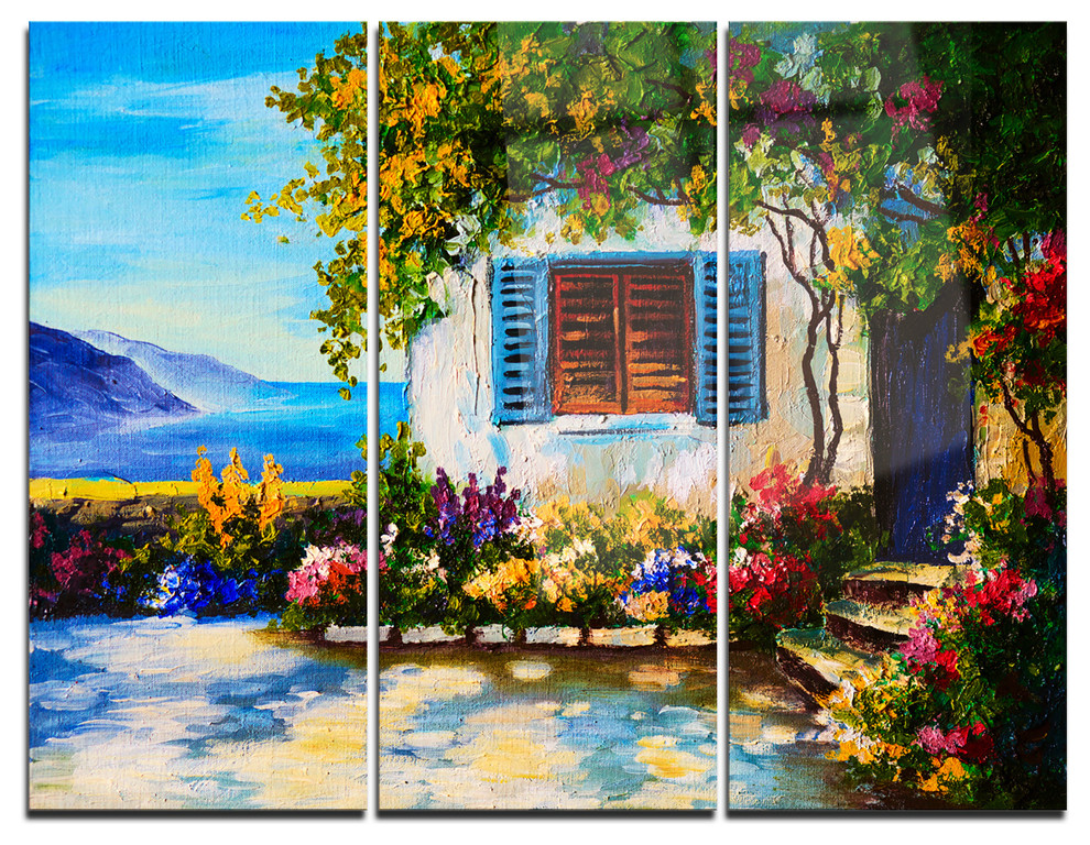 "House Near Sea Oil Painting" Painting Metal Wall Art, 3 Panels, 36"x28", 36"x28" 3 Panel