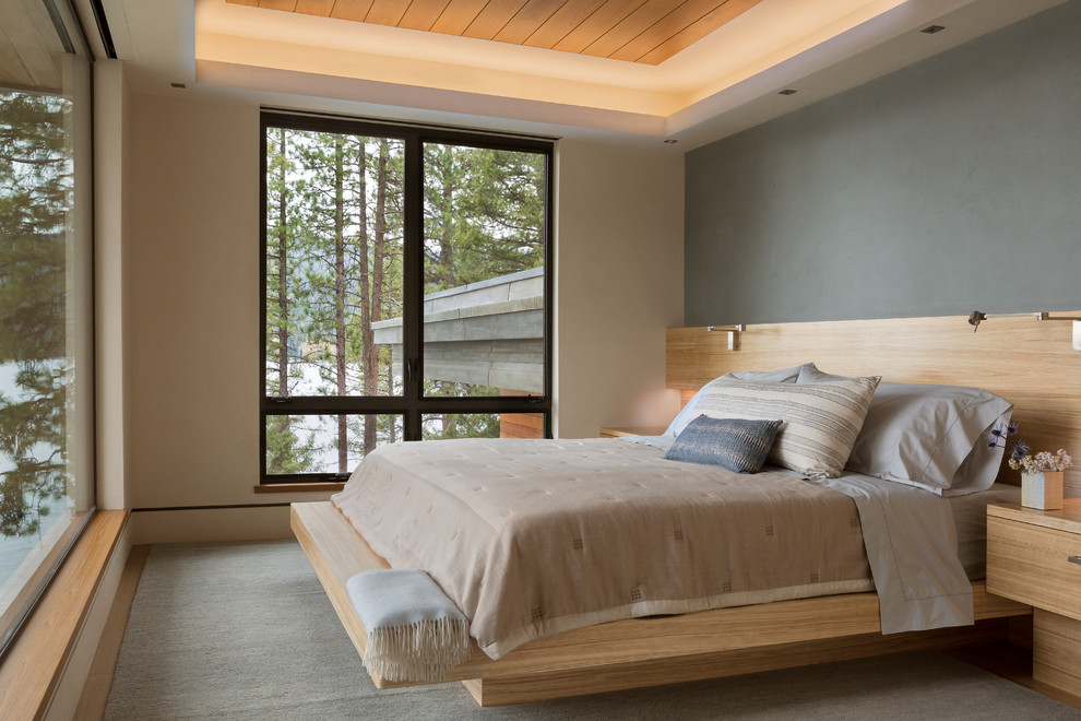 This is an example of a country master bedroom in Boise with grey walls.