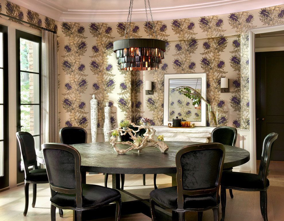 Inspiration for a large transitional light wood floor enclosed dining room remodel in Chicago with multicolored walls