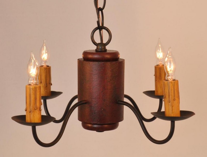 Rubbed Red 4-Arm Woodspun Chandelier