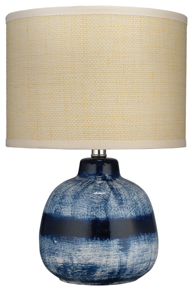 Small Batik Table Lamp Indigo Ceramic With Drum Shade Raffia
