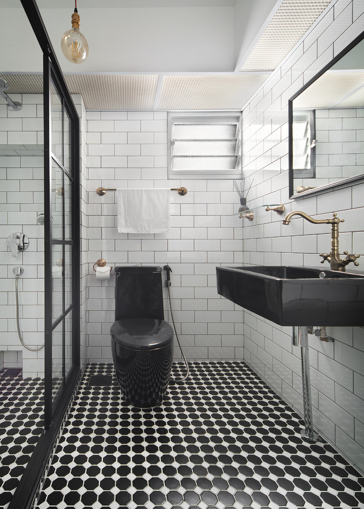 Inspiration for a transitional 3/4 bathroom in Singapore with an alcove shower, a one-piece toilet, white tile, subway tile, white walls, a wall-mount sink and multi-coloured floor.