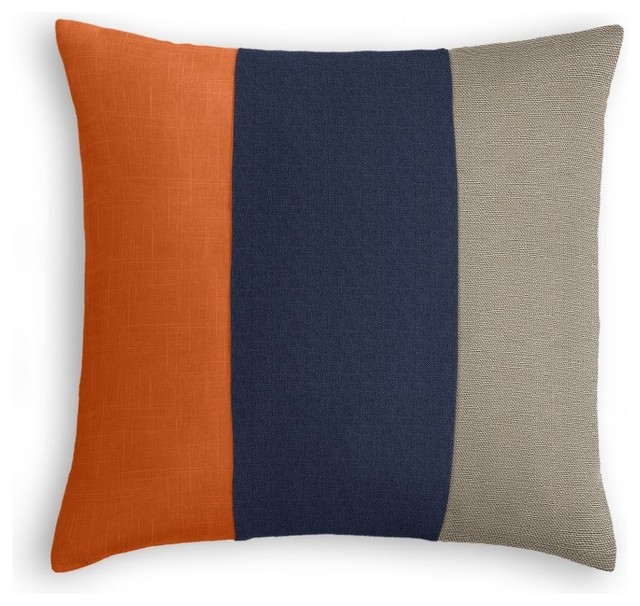 Burnt Orange, Navy and Taupe Linen Color Block Pillow - Beach Style - Decorative Pillows - by ...