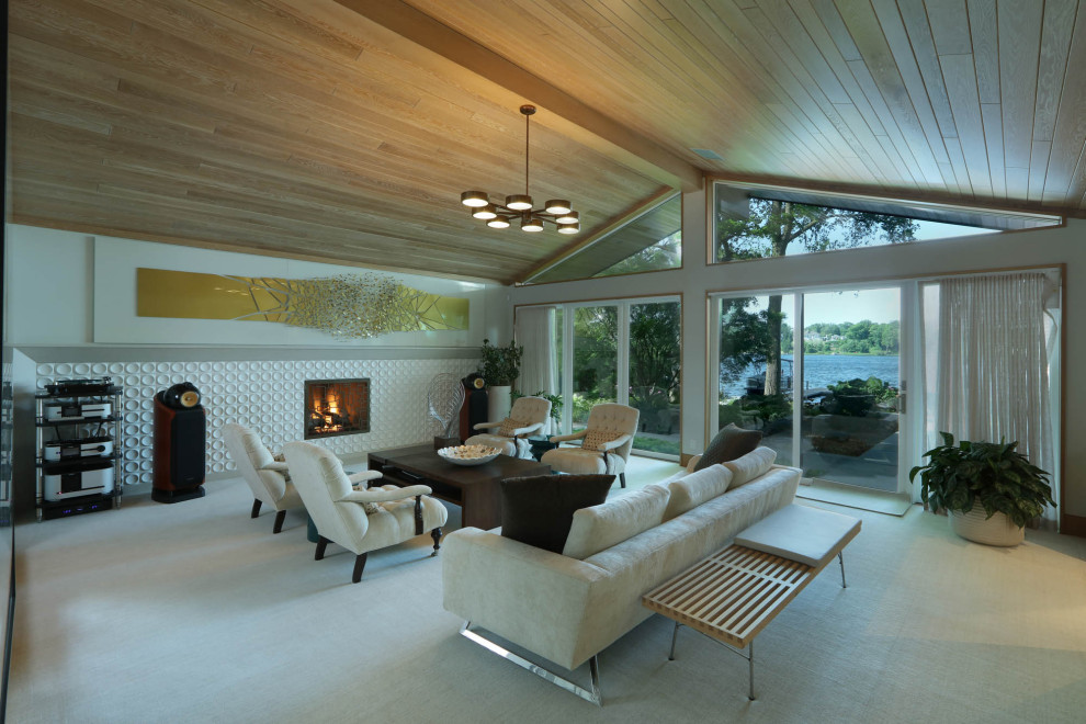 Midcentury enclosed living room in Grand Rapids with a music area, a standard fireplace and vaulted.