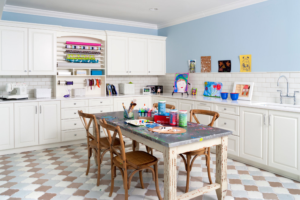 Inspiration for a large timeless walk-out ceramic tile basement remodel in DC Metro with blue walls