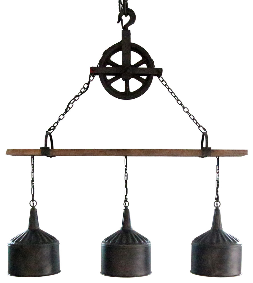 3 Funnel Light on Barnwood With Black Well Pulley Industrial