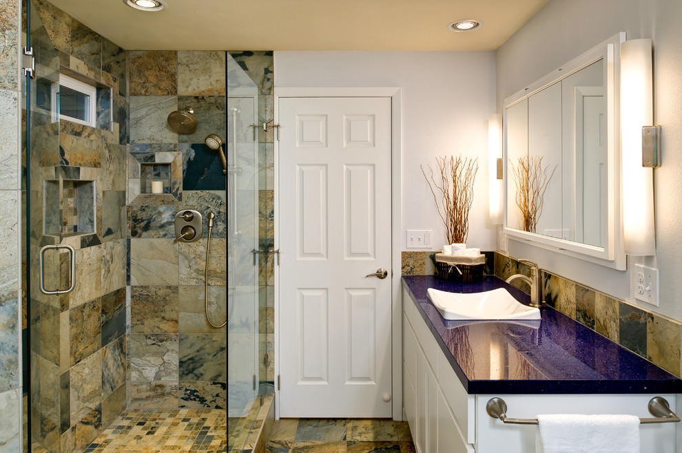 Inspiration for a large contemporary master bathroom in Other with a vessel sink, shaker cabinets, white cabinets, terrazzo benchtops, a hot tub, an open shower, multi-coloured tile, stone tile, white walls and slate floors.