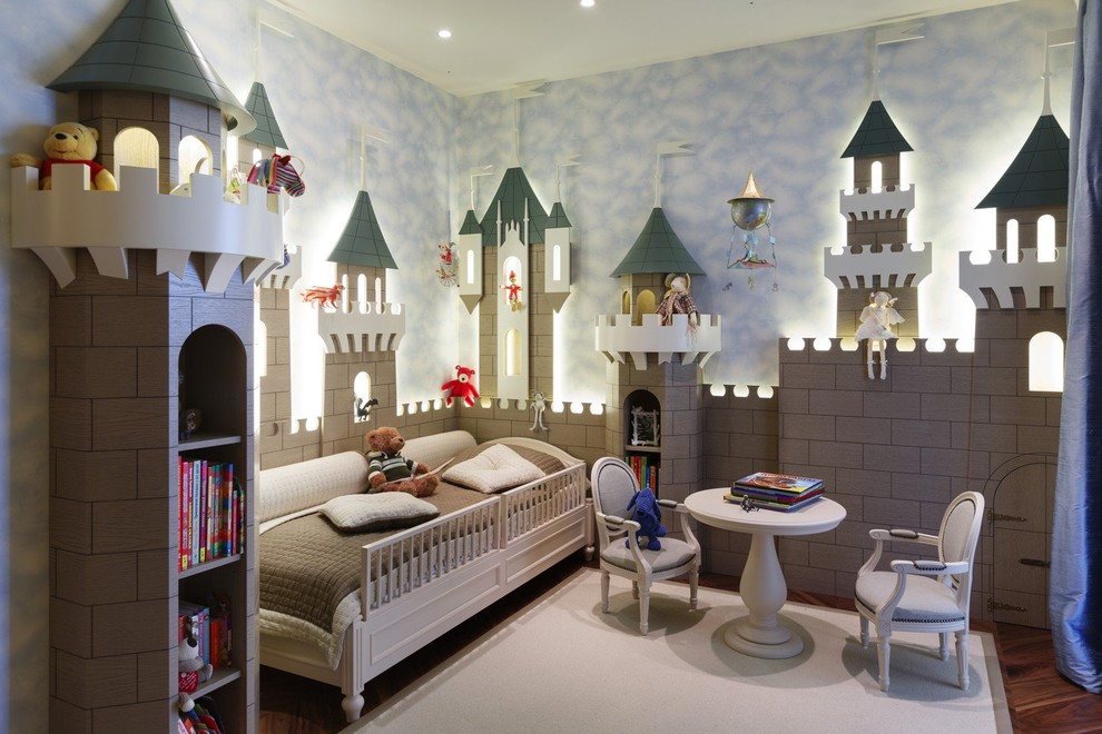Traditional kids' bedroom in Moscow with multi-coloured walls and carpet for kids 4-10 years old and girls.