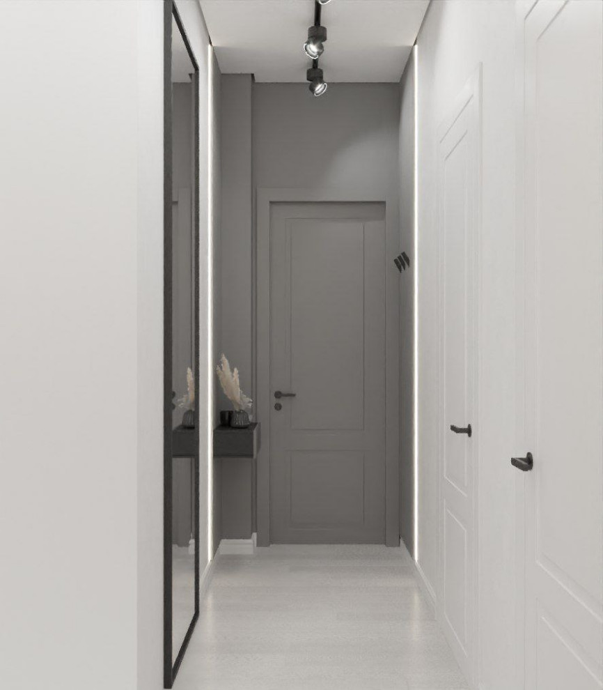 Источник вдохновения для домашнего уюта: узкий коридор среднего размера в современном стиле с серыми стенами, полом из ламината и серым полом