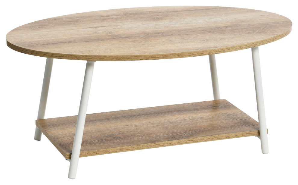 Jamestown Oval Coffee Table, Storage Shelf Coastal Oak Rustic, White