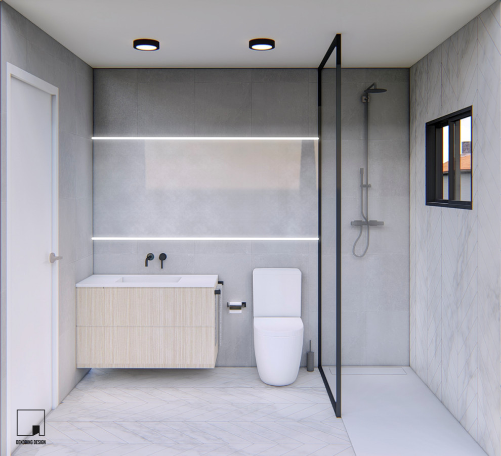 Inspiration for a small modern master bathroom in Other with furniture-like cabinets, light wood cabinets, a curbless shower, gray tile, porcelain tile, porcelain floors, white benchtops, a single vanity and a floating vanity.