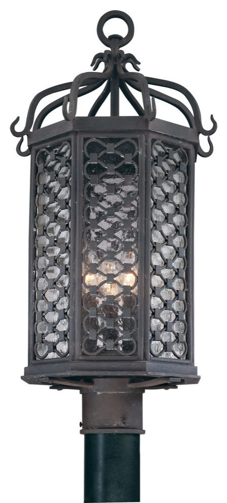 Los Olivos, 3 Light Outdoor Post Lantern, Old Iron Finish, Clear Seeded Glass