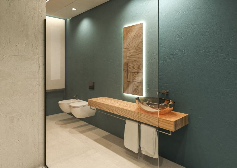 Стильный дизайн: большая, узкая и длинная ванная комната в стиле модернизм с коричневыми фасадами, душем без бортиков, инсталляцией, синей плиткой, синими стенами, полом из керамогранита, душевой кабиной, настольной раковиной, столешницей из дерева, белым полом, тумбой под одну раковину, подвесной тумбой и многоуровневым потолком - последний тренд