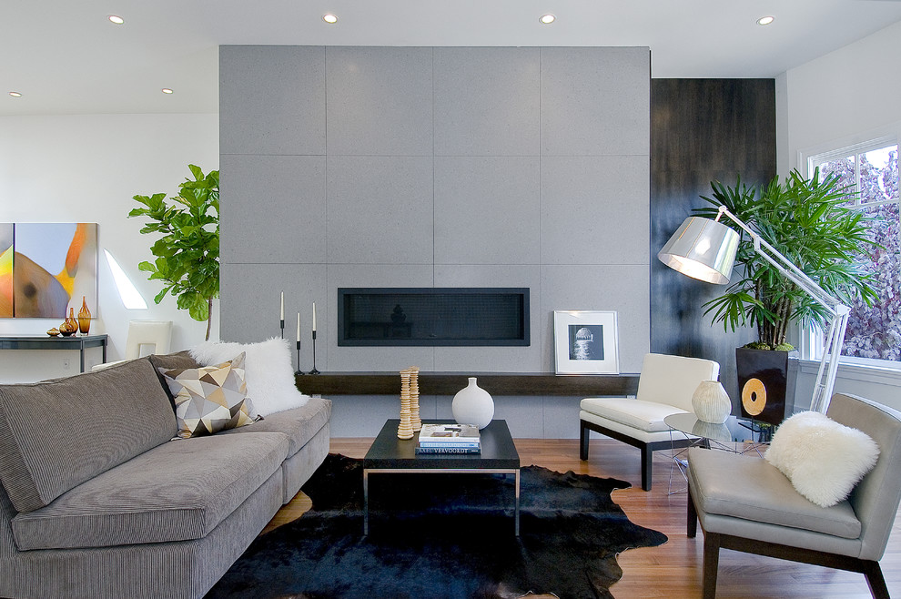 Photo of a contemporary living room in San Francisco with a ribbon fireplace.