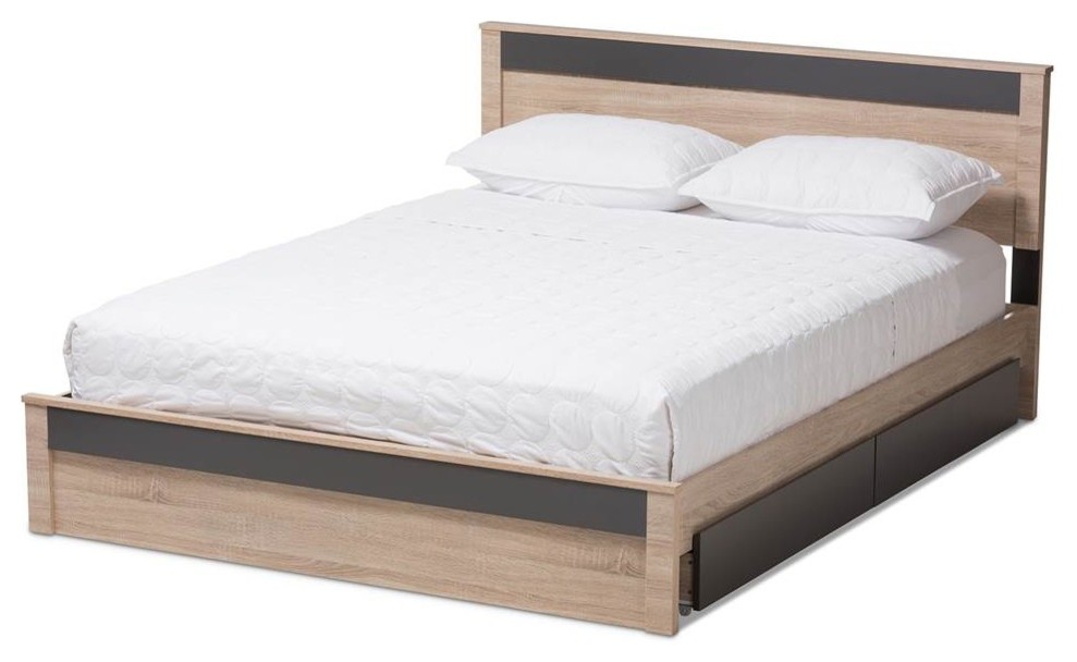 Two-Tone Queen Size Storage Platform Bed in Oak and Gray