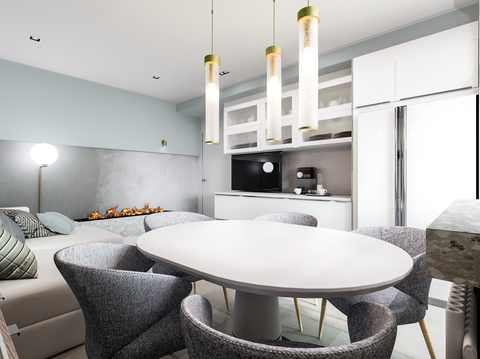 Soft-minimal кухня-гостиная с панорамным остеклением